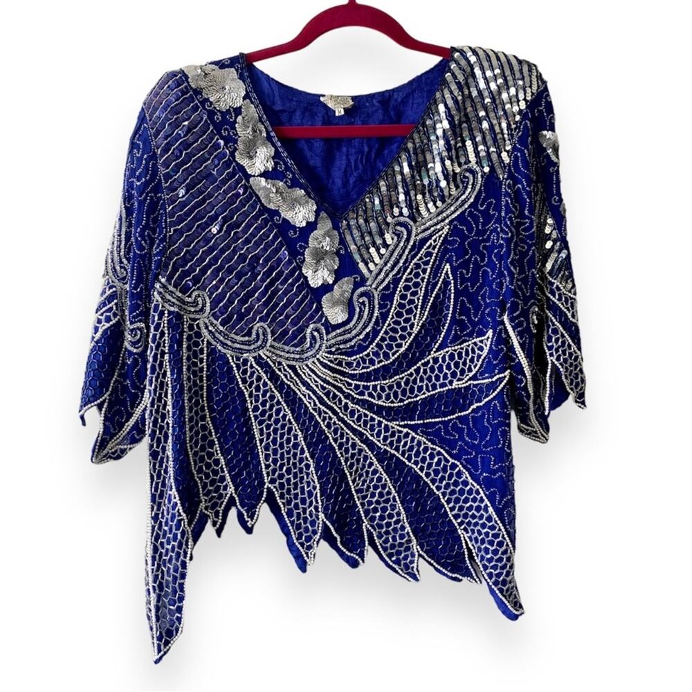 Vintage Royal Blue Pure Silk Beaded Pearl & Silver Sequins V-Neck Retro Blouse